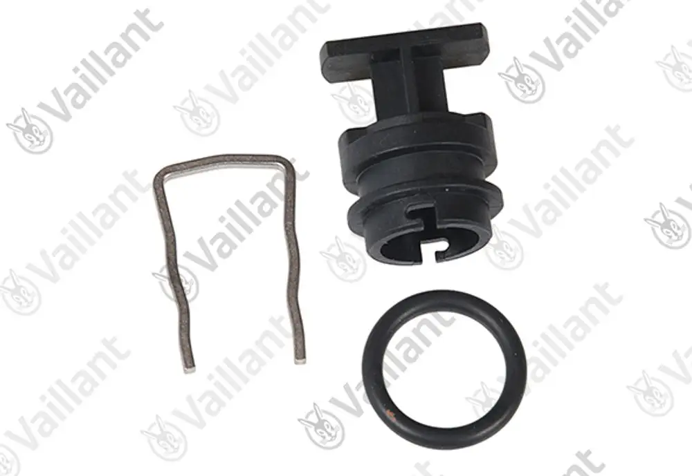 Schwarzes Kunststoffteil mit Metallklammer und O-Ring, geeignet für Vaillant-Geräte. Anwendungsbereich unklar, keine spezifischen Maße erkennbar.